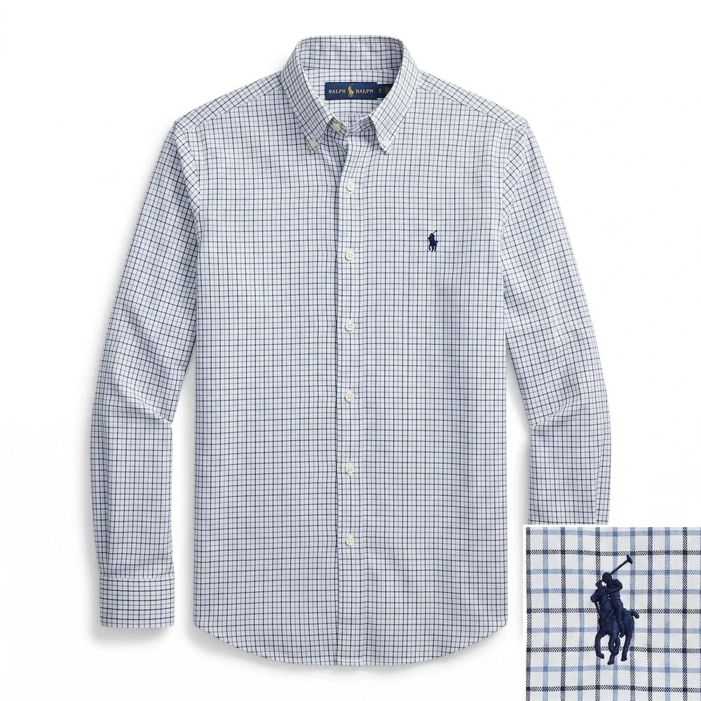 Ralph Lauren Mens Blue White Tattersall Check Button Down Shirt Large Pony Logo